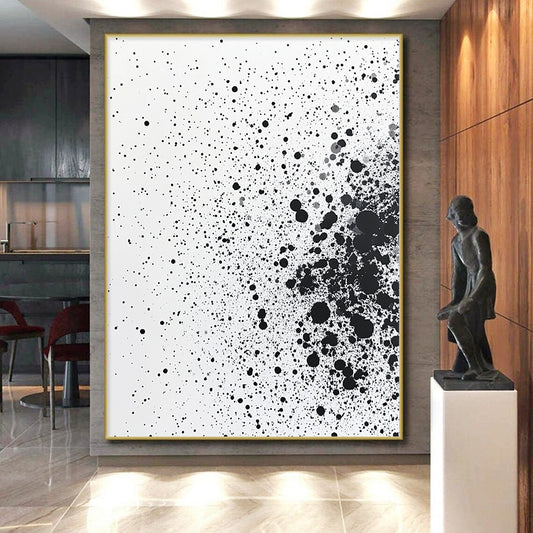 Black Dots & Splatter on White - “Random Ink Energy” Painting On Canvas HB226