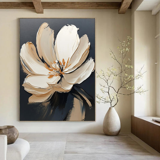 Contemporary abstract painting featuring a large white flower with gold accents on a dark gray background showcasing visible brush strokes. DLZ0603