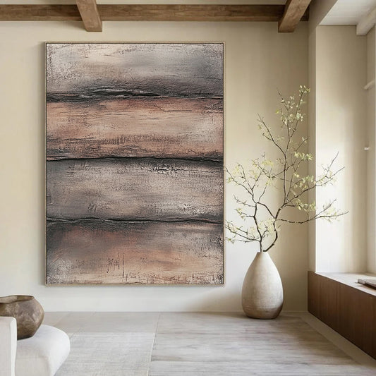 Contemporary hand-painted abstract art featuring textured layers of brown and gray evoking weathered wood in a rugged industrial style. DLZ1480