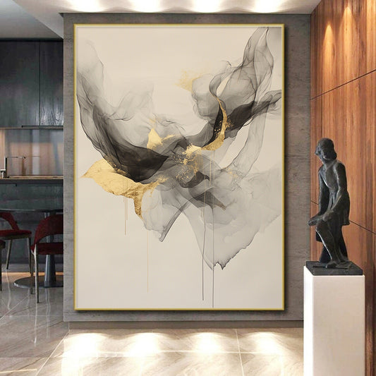 Beige, Gray, Gold, Flowing Shapes "Ethereal Elegance" Abstract Painting On Canvas HB025