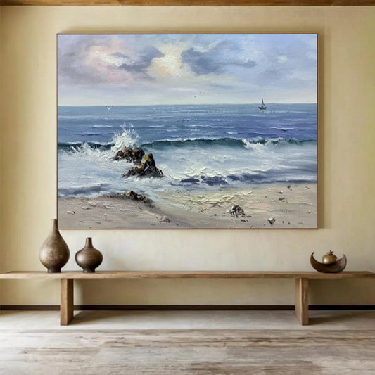 Coastal Wave & Sailboat Oil Painting - Serene Living Room or Office Art DLZ190