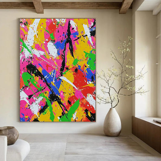 Dynamic contemporary abstract art featuring chaotic splatter in neon colors with bold brushstrokes evokes joy and energy for vibrant spaces. DLZ1256