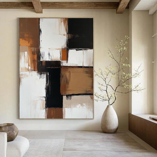 Contemporary hand-painted abstract art featuring bold brown and white color blocks with beige tones and striking black accents, showcasing minimalistic brush strokes. DLZ0735