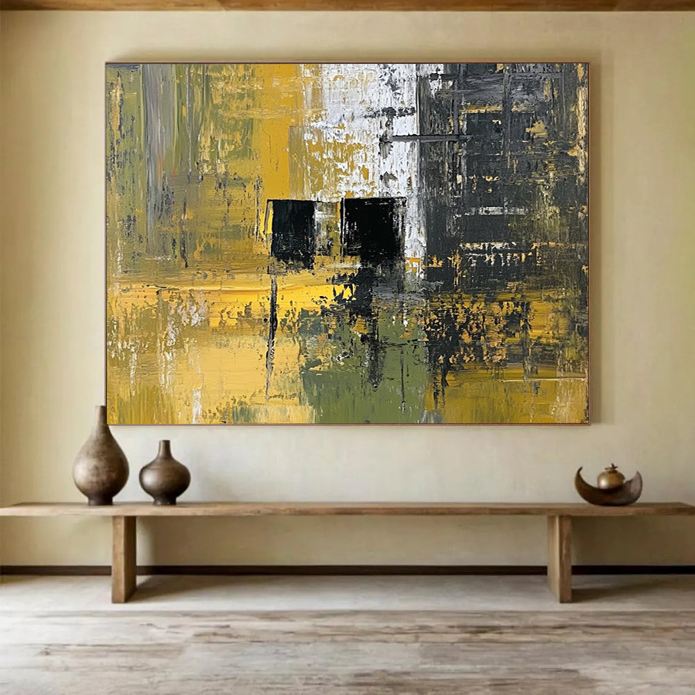 “Industrial Yellow - Green Abstract” - Yellow, Green, Black with Geometric Shapes - Painting On Canvas HB1397