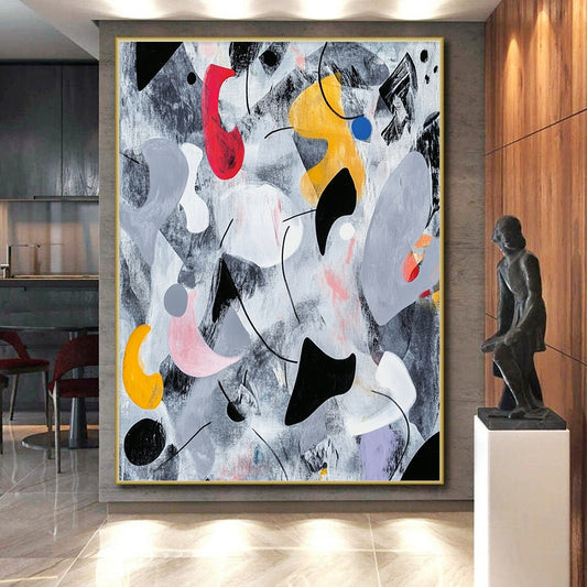 Black, Gray, White, Red, Yellow, Blue and Pink Abstract Melange "Whimsical Dreamscape" Painting On Canvas HB330