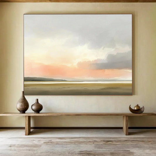 “Pastel Sunset Landscape” - Pink, Orange, Gray, Brown, Hazy Sunset Over a Plain - Watercolor Painting HB1775