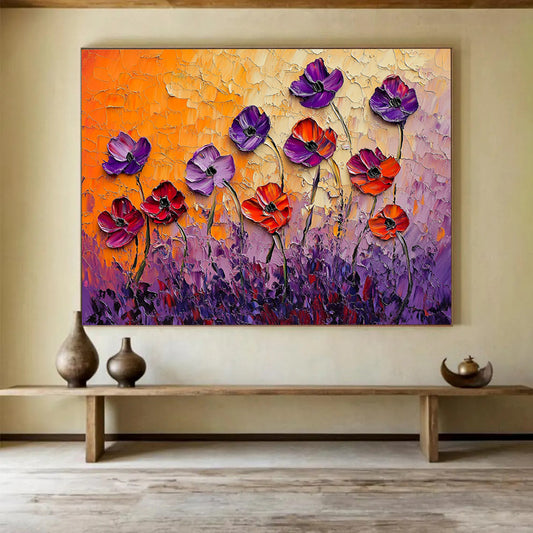 “Textured Poppy Field” - Purple, Orange, Pink - 3D Textured Flowers - Impasto Painting HB1297