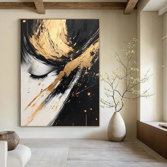 Contemporary hand-painted abstract art featuring dynamic black, white, and gold splashes creating an elegant and beautiful visual experience. DLZ0323