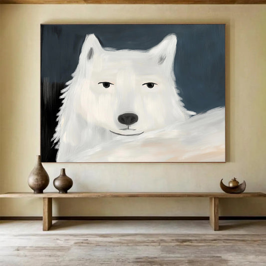 “Charming White Wolf Portrait” - White, Gray, Blue, Animal Portrait Painting On Canvas HB0775