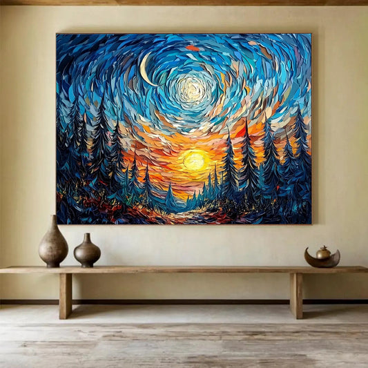 “Swirling Starry Forest” - Blue, Orange, Yellow, Abstract Starry Night Landscape Painting On Canvas HB1114