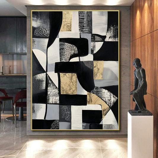 Black, White, Gray and Gold Abstract Composition "Monochrome Luxury" Painting On Canvas HB340