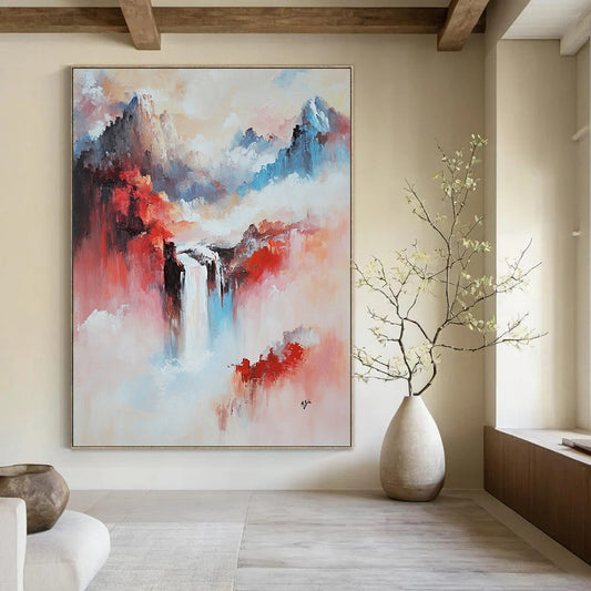 Large contemporary abstract painting featuring a mountainous Chinese landscape with a vibrant waterfall in pink and red tones. DLZ0605