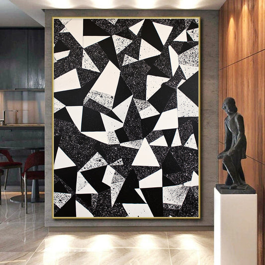 Black, White and Speckled Geometric Triangles "Starry Triangles" Painting On Canvas HB391