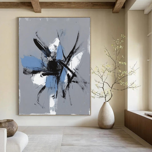Contemporary hand-painted abstract art featuring expressive brush strokes and chaotic figures on a gray background with light blue accents. DLZ0305