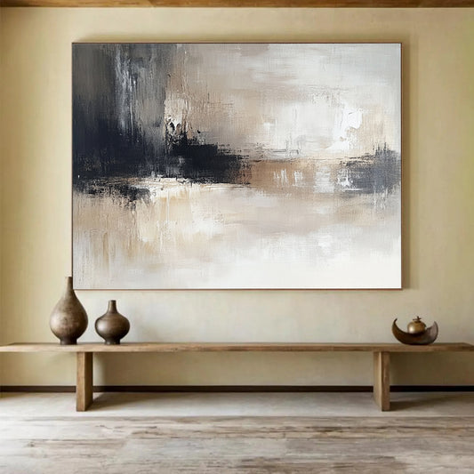 “Neutral Textured Horizon” - Gray, Beige, Black, Abstract Landscape Painting On Canvas HB1071