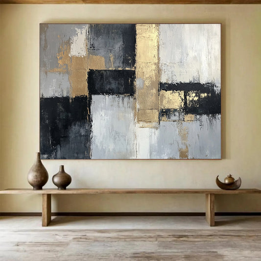 “Gold Accents on Gray Abstract” - Gray, white, black, gold; Abstract with geometric shapes and gold accents; Acrylic Painting On Canvas HB1268