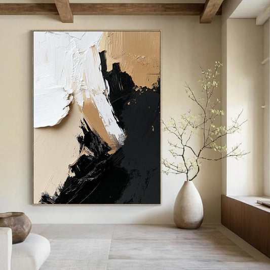 Large contemporary hand-painted abstract artwork featuring dynamic black, white, and beige textures for a striking wall display. DLZ0322