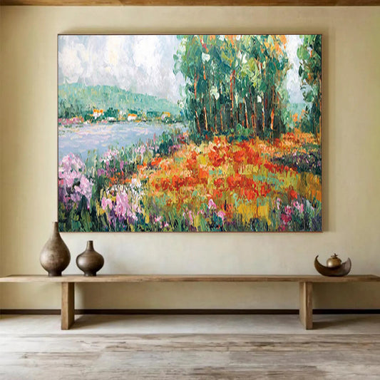 Lakeside Flower Field - Cheerful Living Room or Bedroom Art DLZ228