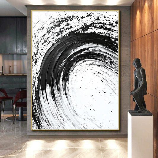 Black Curved Brushstrokes on White - “Flowing Ink Rhythm” Painting On Canvas HB216