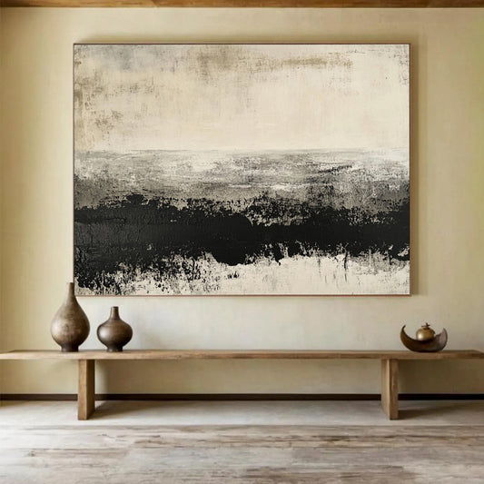 “Grayscale Textured Landscape” - Black, White, Gray, Textured Fields Painting On Canvas HB0800