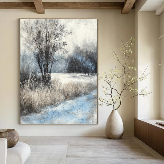 Contemporary hand-painted abstract artwork captures serene winter landscape with soft pastel colors and textured brushstrokes for a tranquil ambiance. DLZ1524