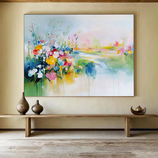 Colorful Flower Field by the River - Dreamy Abstract Landscape Painting On Canvas HB0433