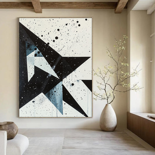 Black, White, Blue with Splattered Shapes "Dynamic Contrast" Abstract Painting On Canvas HB004
