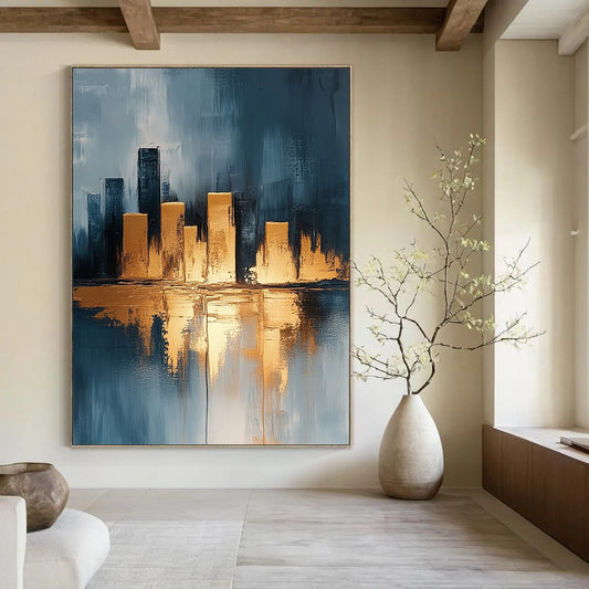Contemporary hand-painted abstract artwork featuring a neutral urban cityscape with gold accents on canvas texture in vibrant UHD quality. DLZ0337