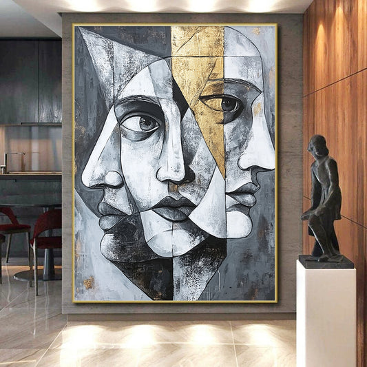 Gray, Black, White and Gold Cubist Portrait "Mystic Visage" Painting On Canvas HB374