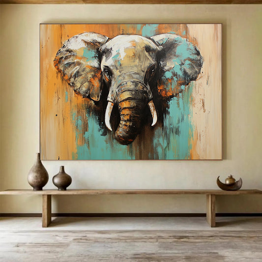 “Colorful Elephant Portrait” - Teal, Orange, Gray, Expressive Animal Painting On Canvas HB1002