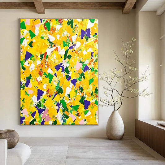 Contemporary hand-painted abstract artwork featuring vibrant yellow and green with purple accents, dynamic shapes, and energetic brushstrokes for a joyful atmosphere. DLZ1505