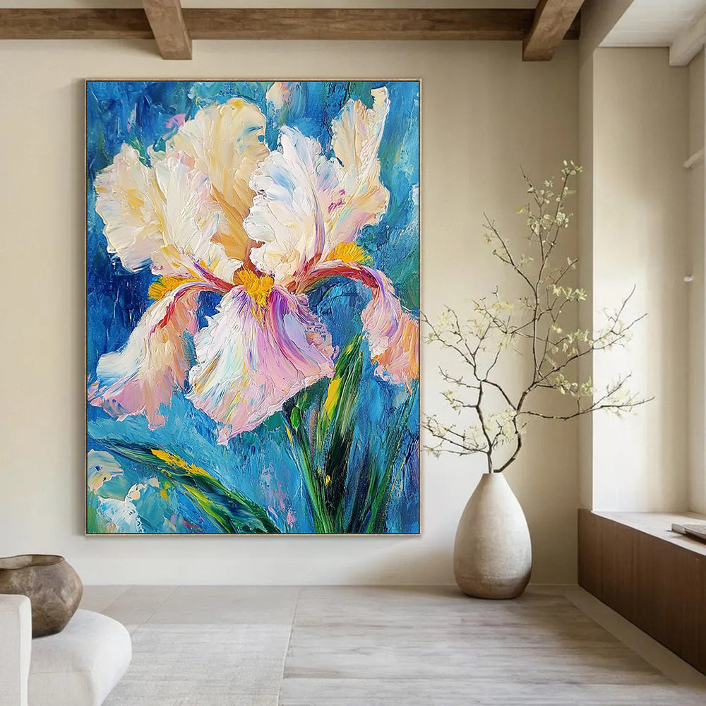 Contemporary abstract art featuring an iris flower with thick impasto brush strokes in white and pink, yellow hints, and teal green leaves against a blue background. DLZ1671