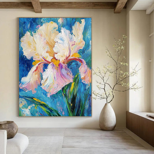 Contemporary abstract art featuring an iris flower with thick impasto brush strokes in white and pink, yellow hints, and teal green leaves against a blue background. DLZ1671