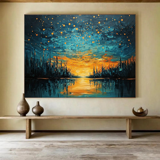 “Starry River Sunset” - Orange, Blue, River & Starry Sky Oil Painting On Canvas HB0719