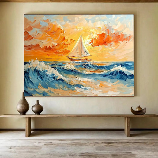 Sailboat on a Colorful Sea at Sunset - Expressive Impasto Seaside Painting On Canvas HB0445