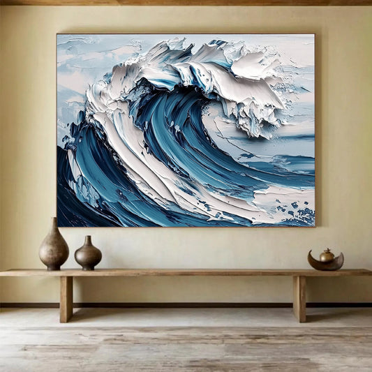 “3D Ocean Wave” - Blue, White, Textured Wave, Hyper - Realistic Palette Knife Painting On Canvas HB1102