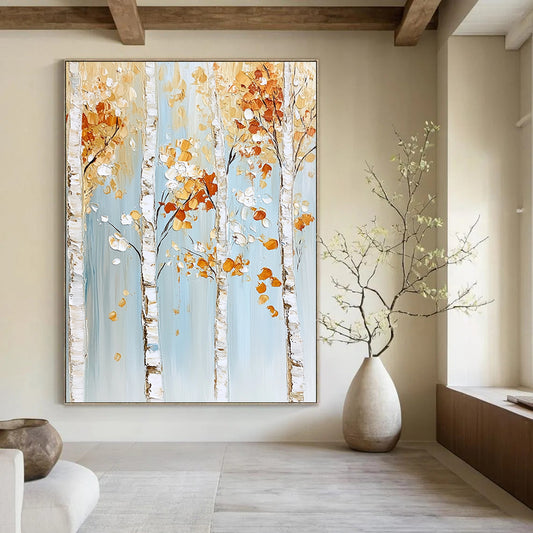 Contemporary abstract painting features birch trees with gold and white leaves on a light blue background with white trunks and orange flowers. DLZ0612