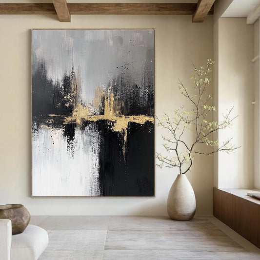 Contemporary abstract artwork featuring textured black and white brush strokes with gold accents capturing a serene cityscape atmosphere in neutral tones. DLZ0317