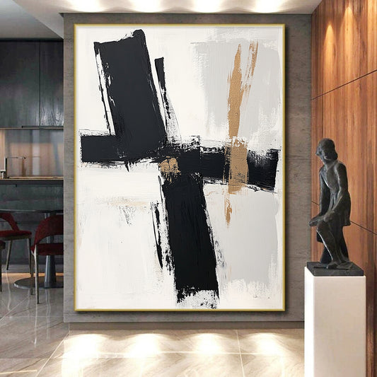 Black, White, Beige, Bold Brushstrokes "Minimalist Crossroads" Abstract Contemporary Painting On Canvas HB050