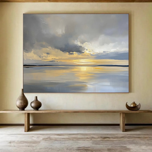 “Sunset Over Calm Waters” - Gray, Gold, Blue, Abstract Landscape Painting On Canvas HB0676