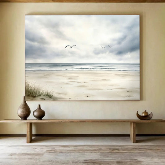 “Seagulls Over Calm Beach” - Gray, White, Serene Seaside Watercolor On Canvas HB0697