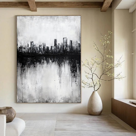 Contemporary abstract painting with textured canvas showcasing a city skyline reflected in a lake, featuring dark gray tones in a striking black and white palette. DLZ0299