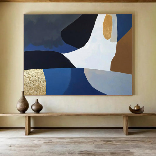 “Blue - Black - Gold Geometric Abstract” - Modernist Painting On Canvas HB0514