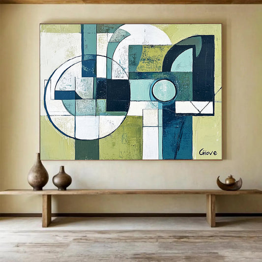 “Geometric Harmony” - Green, Blue, White, Abstract Geometric Shapes Painting On Canvas HB1063