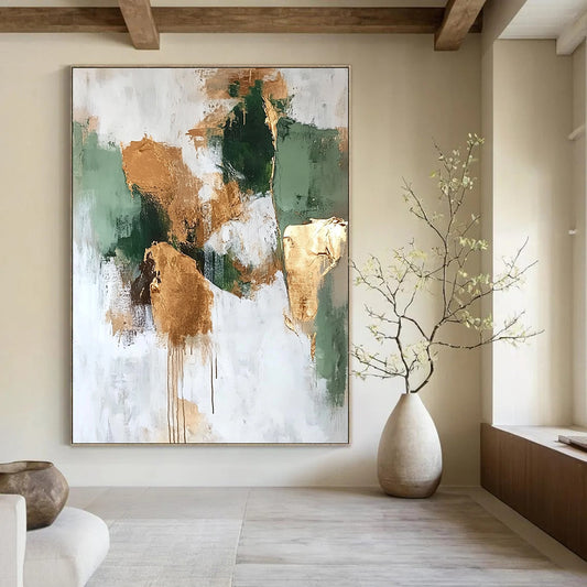Contemporary abstract artwork features neutral greens and browns with gold foil accents on a white background, perfect for modern decor. DLZ0681