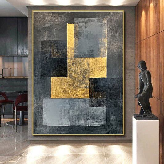 Gray, Black, Gold and White Geometric Fusion "Balanced Fusion" Painting On Canvas HB348
