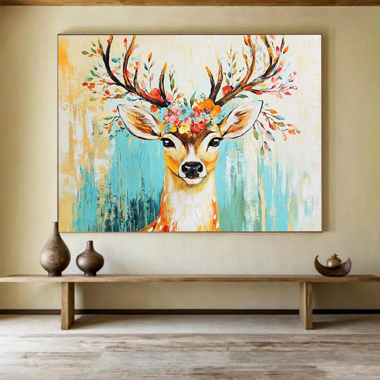 “Floral - Antlered Deer” - Yellow, Blue, Colorful Flowers, Deer Portrait - Whimsical Acrylic Painting HB1677