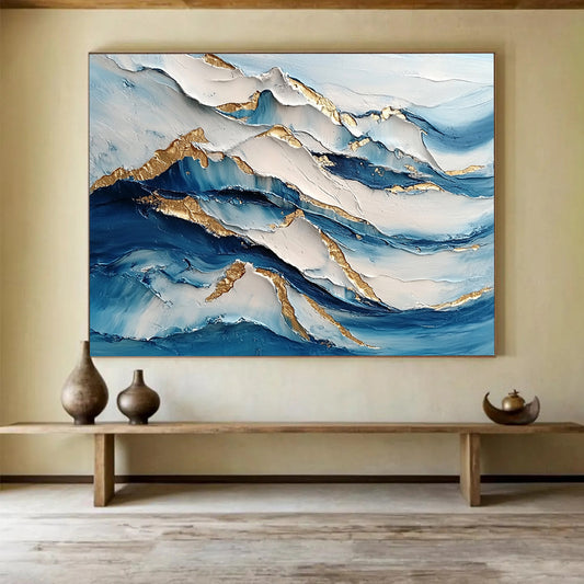 “Layered Wave Textures” - Blue, White, Gold, Layered Wave Textures Painting On Canvas HB0973