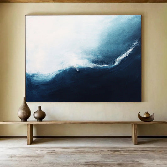 “Ocean Wave” - Soothing whites, light blues, deep navies; Abstract ocean wave; Minimalist Seascape Painting On Canvas HB1154
