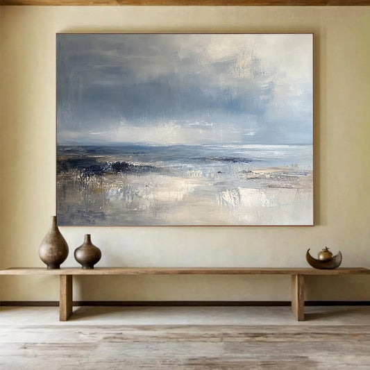 “Textured Coastal View” - Blue, Gray, Beige, Layered Seascapes and Dynamic Skies Painting On Canvas HB0921